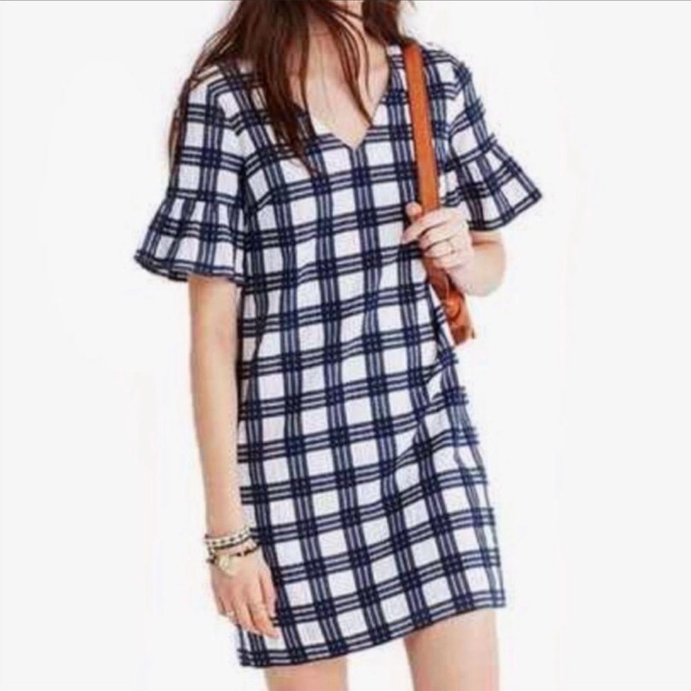 Madewell Leighton Plaid Mini Dress Short Sleeves Ruffle Navy Sz 6